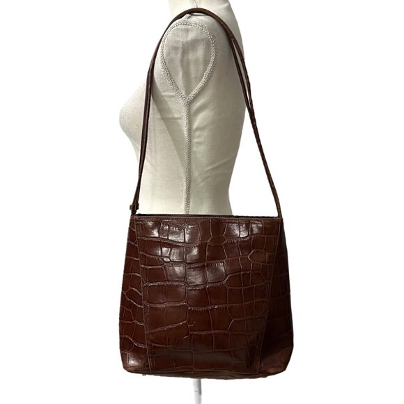 Vintage‎ Worthington Brown Croc Embossed Leather 3 Compartment Shoulder Bag - Picture 2 of 11